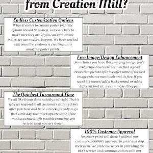 May include: A white brick wall with text that reads "Why Buy my Custom Print from Creation Mill?"  The text is in a black bold font. There are four boxes with text describing the benefits of buying custom prints from Creation Mill. The boxes are titled "Endless Customization Options", "Free Image/Design Enhancement", "The Quickest Turnaround Time", and "100% Customer Approval".