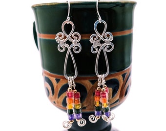 Rainbow dangle drop earrings, pride jewelry gift, for girlfriend, rainbow everything earrings, silver earrings with rainbow glass beads