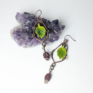 Leaf & Coffee Bean Dangle Earrings: Lampwork Glass, Nature Lover Gift