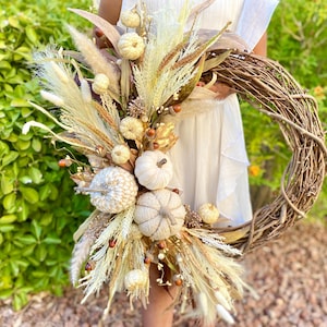 Fall Boho Pumpkin Wreath, Neutral Classic Wreath, Holiday Wreath, Front Door Wreath, Everyday Grapevine Wreath, White Pumpkins, Autumn