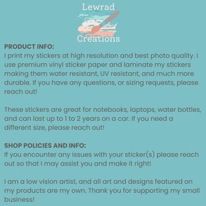 May include: A teal background with the text "Lewrad Creations" and product information. The text describes high-resolution, durable stickers suitable for notebooks, laptops, and water bottles. The stickers are water and UV resistant.