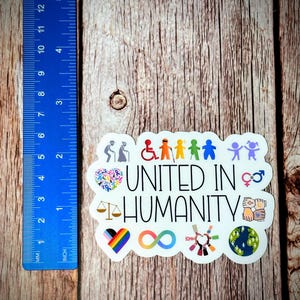 May include: A sticker with the words "UNITED IN HUMANITY" and various inclusive symbols. The sticker features images of people with disabilities, the LGBTQ+ pride flag, and a globe. The sticker is on a wooden surface.
