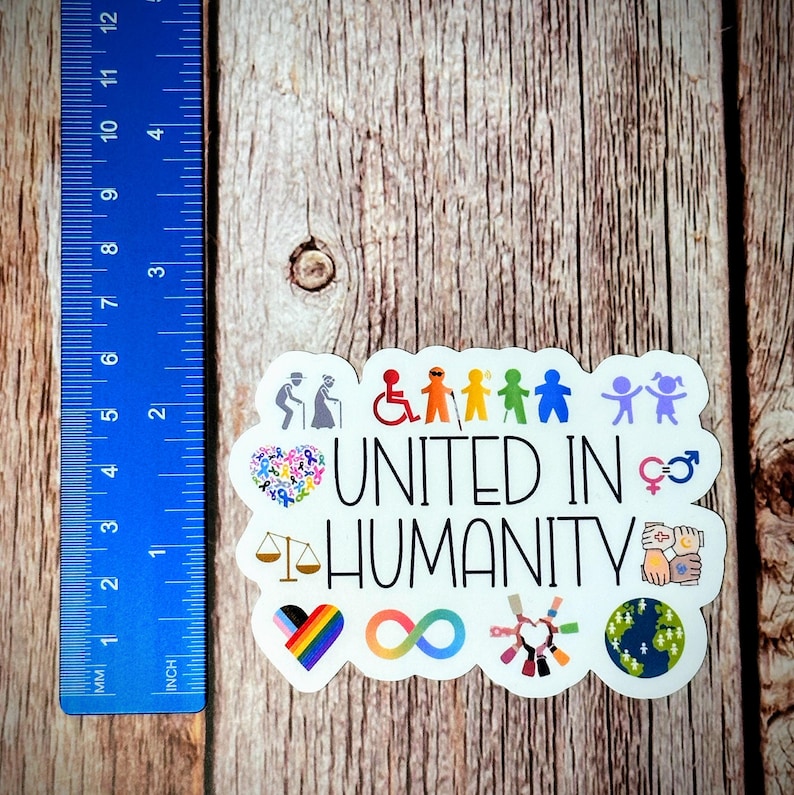 May include: A sticker with the words "UNITED IN HUMANITY" and various inclusive symbols. The sticker features images of people with disabilities, the LGBTQ+ pride flag, and a globe. The sticker is on a wooden surface.