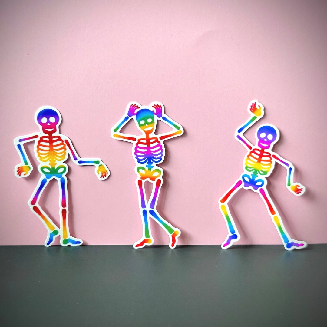 Dancing Rainbow Skeletons Glossy Vinyl Sticker 3-pack, Halloween Decals ...