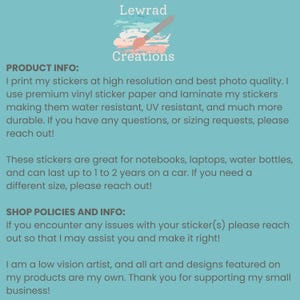 May include: A teal background with the text "Lewrad Creations" and product information. The text describes high-resolution, durable stickers suitable for notebooks, laptops, and water bottles. The stickers are water and UV resistant.
