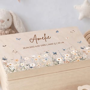 Könnte beinhalten: Eine hellfarbene Holz-Andenkenbox mit floralem Design und Schmetterlingen. Der Deckel der Box trägt den Namen "Amelie" und Geburtsdetails. Die Box ist von Baby-Dekorationen umgeben, darunter ein Stoffhase und ein Holzregenbogen.