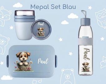 Zestaw Mepal dla psa z personalizacją, spersonalizowany lunchbox dla psa, lunchbox dla dzieci z kubkiem na płatki i butelką na wodę, spersonalizowany box na przekąski