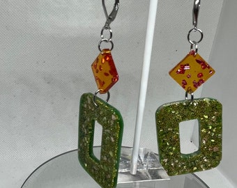 Green with envy, orange, pink and gold sparkle green square earrings!