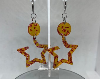 The stars have it! Star resin pink and orange drop earrings, fun for spring with sparkle!