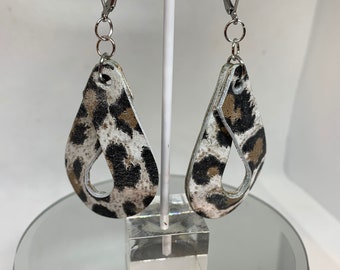 Snow Leopard double wrap beautiful earrings, handmade from Upcycled leather
