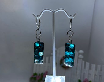 Blue sparkle little rectangle resin earrings!