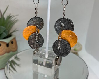 Silver and orange leather dots with chain! Awesome combination! Longer drop earrings