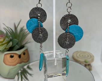 Silver and turquoise leather dots with chain! Awesome combination! Longer drop earrings