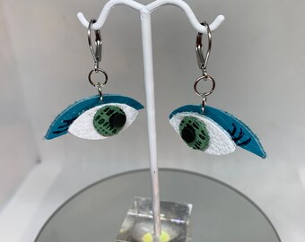 The Eyes have it! Fun real leather green eyes with turquoise eyeshadow! Real upscaled leather fun drop earrings!