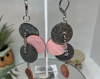 Silver and pink leather dots with chain! Awesome combination! Longer drop earrings