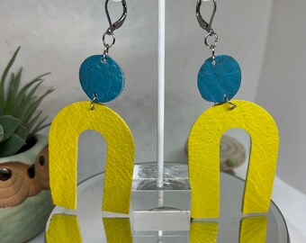 Large yellow U leather with dot! Awesome combination! Longer drop earrings