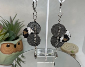 Silver and leopard leather dots with chain! Awesome combination! Longer drop earrings