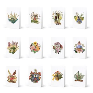 May include: Set of 10 blank greeting cards featuring floral and botanical illustrations. Each card features a different arrangement of flowers, leaves, and insects, including butterflies, dragonflies, and birds. The cards are printed on high-quality cardstock and are perfect for sending a special message to someone you care about.