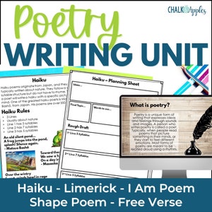 Poetry Unit - Writing 5 Types of Poems Haiku, Limerick, I am, Shape, Free Verse