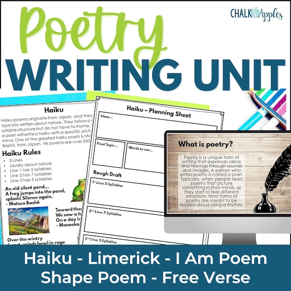 Poetry Unit - Writing 5 Types of Poems Haiku, Limerick, I am, Shape, Free Verse