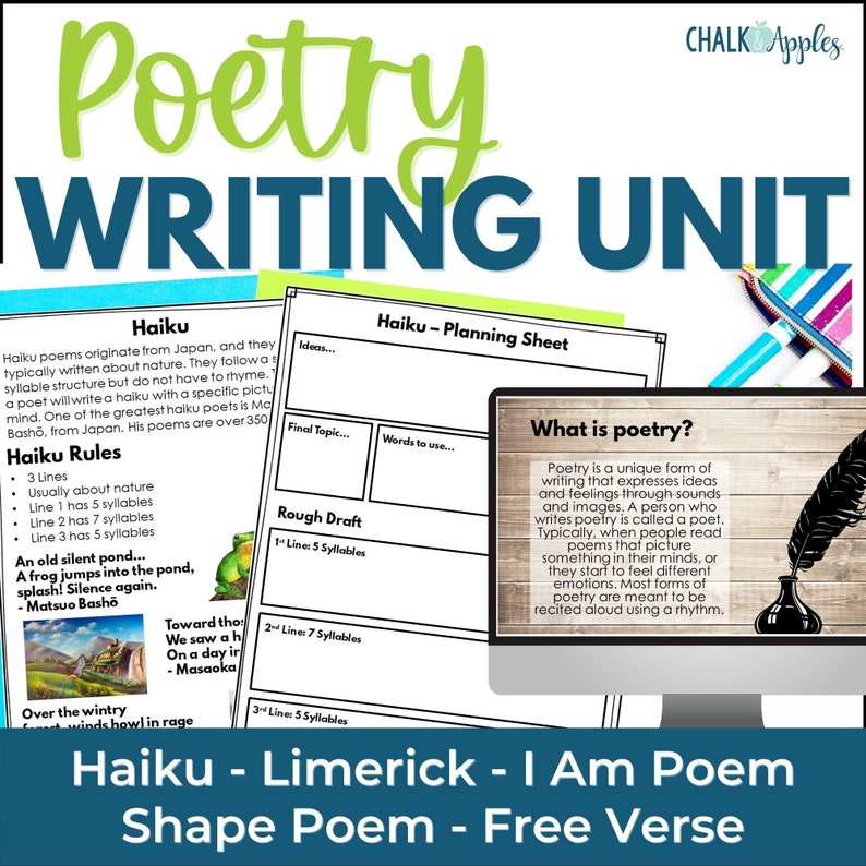 Poetry Unit Writing 5 Types of Poems Haiku, Limerick, I am, Shape, Free Verse image 1