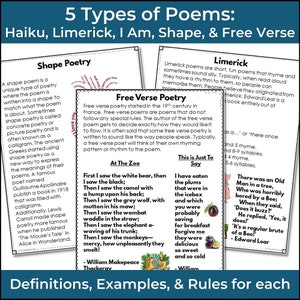 Poetry Unit Writing 5 Types of Poems Haiku, Limerick, I am, Shape, Free Verse image 3