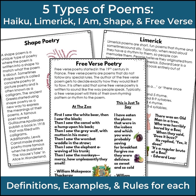 Poetry Unit Writing 5 Types of Poems Haiku, Limerick, I am, Shape, Free Verse image 3