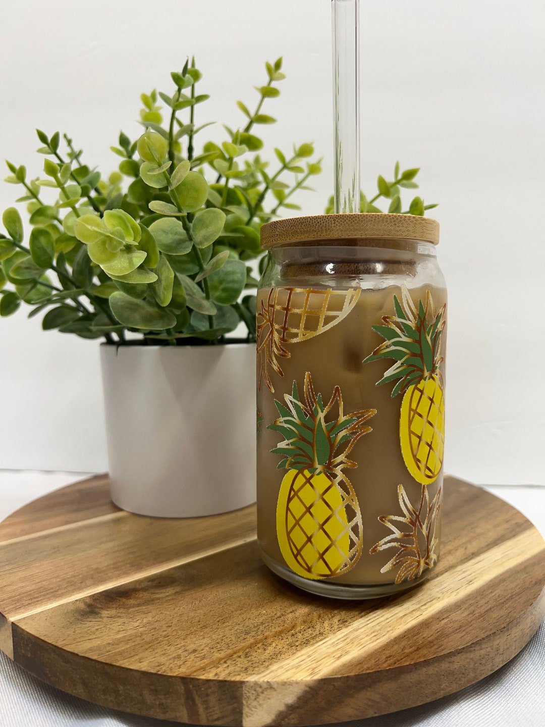 Golden Pineapples Glass Can Cup Libbey Iced Coffee Cup Etsy