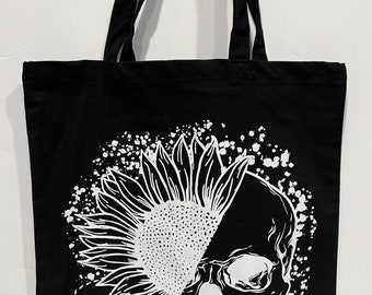 Skull Sunflower & Bee Tote Bag - Black - Market Bag - Canvas Book Bag - Gift for Friends Family- Reusable Bag - Environmentally friendly