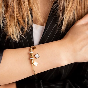 Gold Plated Dainty Clover Charm & Cuff Bracelet Cartier Four 