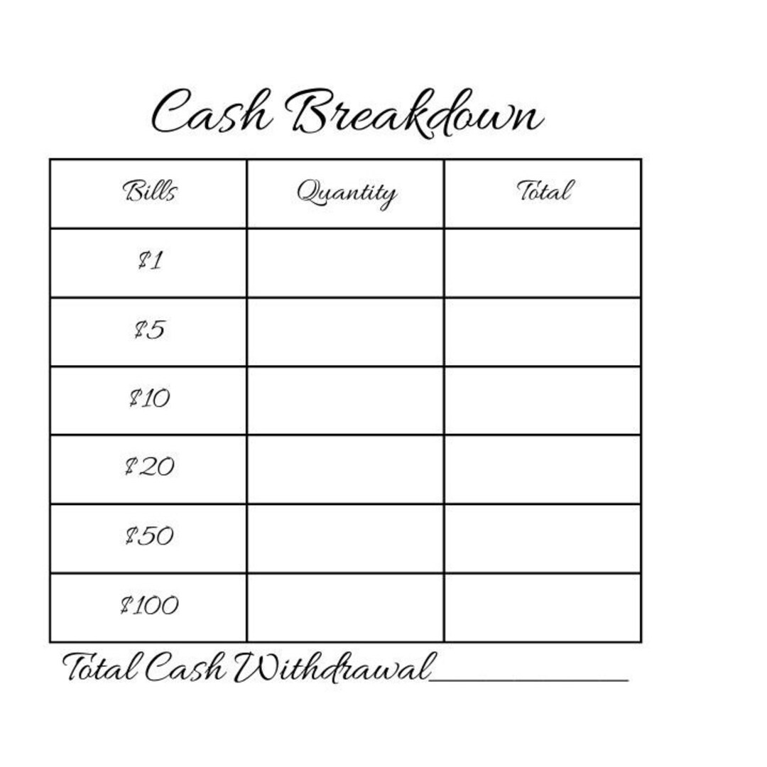 Cash Breakdown, Teller Bank Slip, Laminated Teller Slip, Cash ...