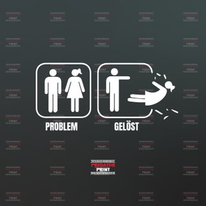 Op de afbeelding: Een humoristische illustratie die een oplossing voor een probleem voorstelt. De linkerzijde toont twee stokpoppetjes, een man en een vrouw, die een probleem voorstellen. De rechterzijde toont een stokpoppetje dat een stokpoppetje gooit, wat de oplossing voorstelt. De tekst onder de illustratie luidt "Problem" en "Gelöst", wat Duits is voor "Opgelost".