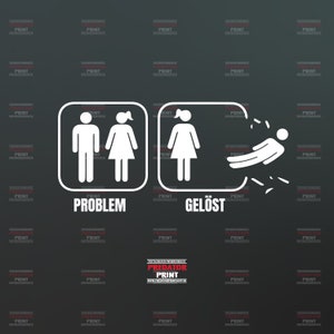 Könnte beinhalten: Eine humorvolle Illustration mit zwei Strichmännchen, die ein Problem und eine Lösung darstellen. Das Problem zeigt einen Mann und eine Frau, die zusammen stehen. Die Lösung zeigt den Mann, der davonfliegt. Der Text unter den Illustrationen lautet "Problem" und "Gelöst".