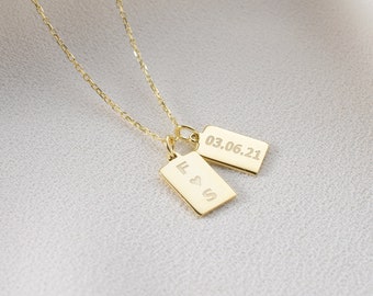 14k Solid Gold Personalisierte Bar Tag Halskette • Vertikale Balken Initialen Jahrestagsgeschenk für Frau • Minimalistischer gravierter Name / Datum Anhänger