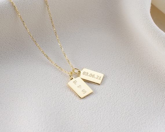 14k Solid Gold Personalized Bar Tag Necklace Vertical Bars