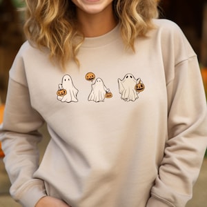 Sheet Ghost Halloween, Three Ghosts Trick or Treating, Halloween Pumpkin Buckets, Unisex Crewneck Sweatshirt