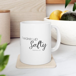 I Woke Up Salty Coffee Mug, Matthew 5:13, White Ceramic Cup 11oz, Black Cursive Script Font, Sassy Minimalist Christian Gift