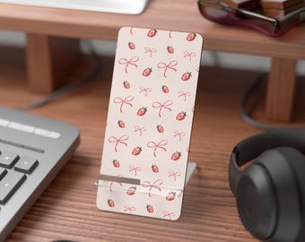 Phone Stand with Coquette Strawberries and Bows Pattern, Desk Accessories, Cellphone Holder, Tech Gift, Cute Smartphone Display, Girly Desk