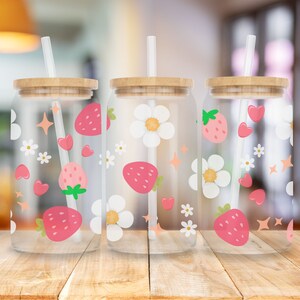 Strawberry Cottage Core, Floral Glass Sipper Glass, Gift For Gardeners, Strawberry Flowers, Titan Straw and Lid, Iced Coffee Cup, 16oz lass