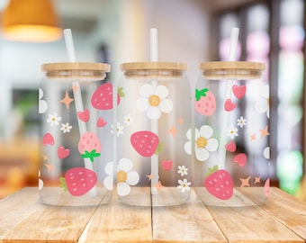 Strawberry Cottage Core, Floral Glass Sipper Glass, Gift For Gardeners, Strawberry Flowers, Titan Straw and Lid, Iced Coffee Cup, 16oz lass