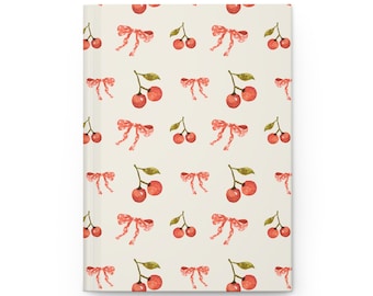 Diario de tapa dura mate, patrón coqueto con cerezas y lazos, lindo cuaderno de bocetos diario, diseño de lazo de cereza, diario de escritura femenino,