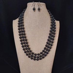 Black 3-Strand Necklace and Earrings Set