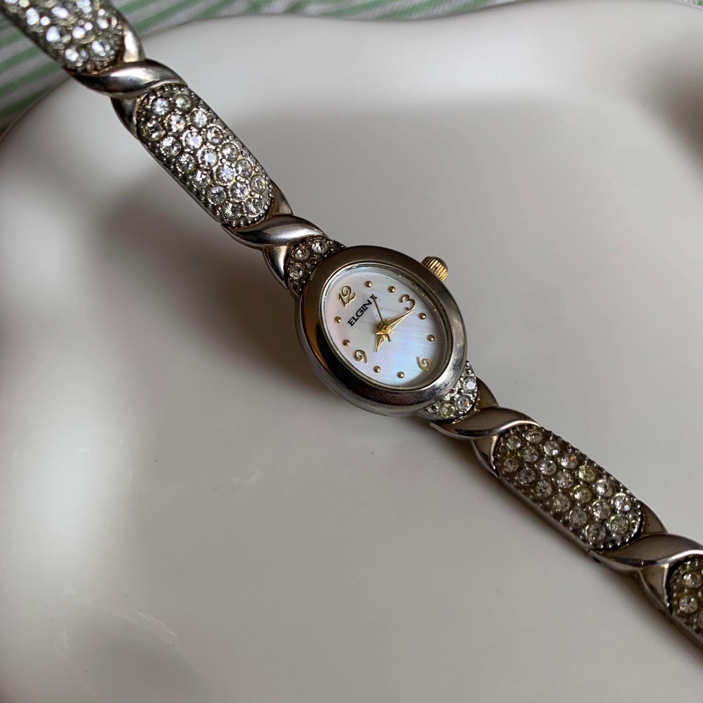 Elgin Ladies Watch Diamond Stainless Bracelet Pearl Dial Gorgeous Elgin Watch Womens 25mm Two-Tone MOP Date Diamond Greek Key  main image 3