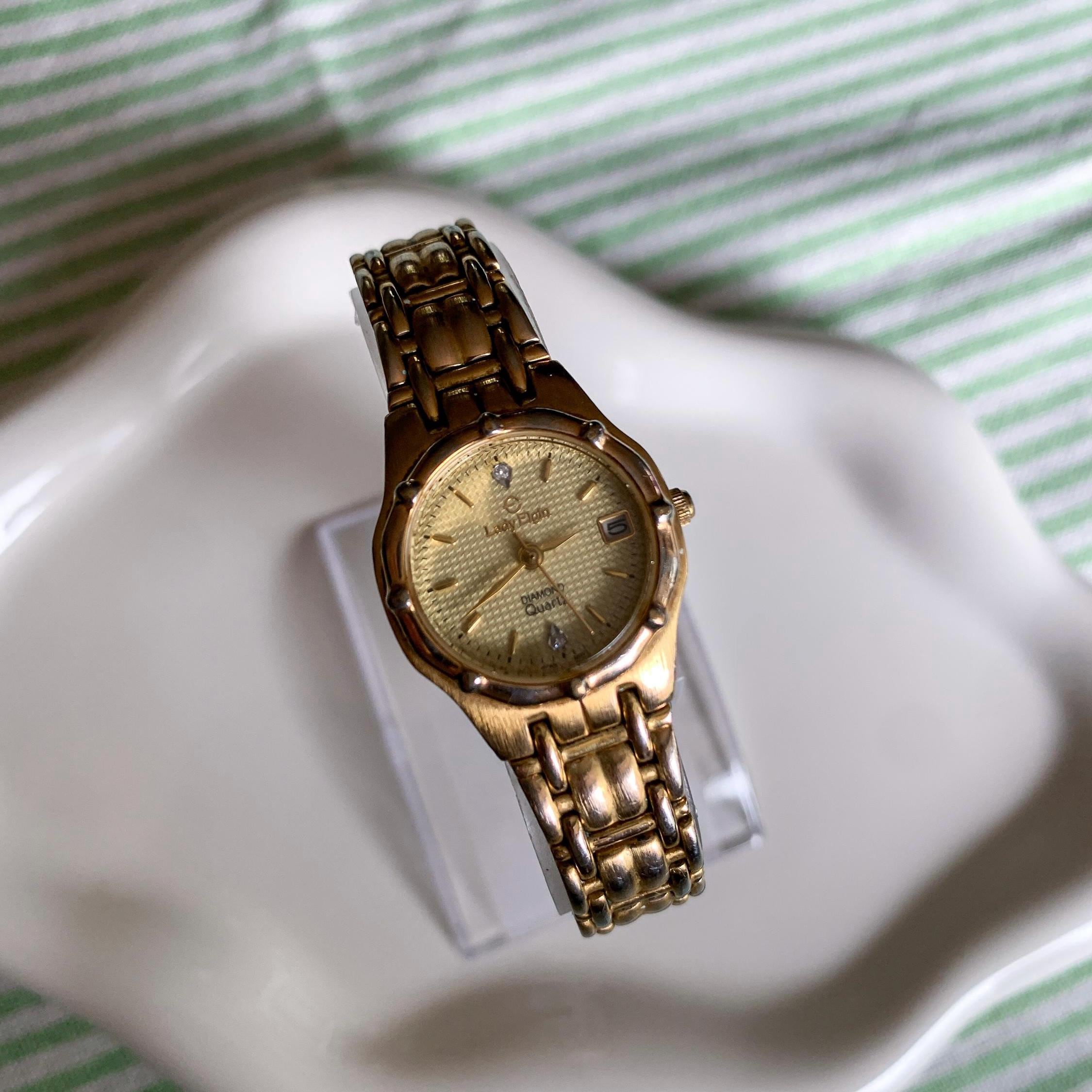 Vintage Gold Tone Lady Elgin Diamond Quartz Ladies Watch! New