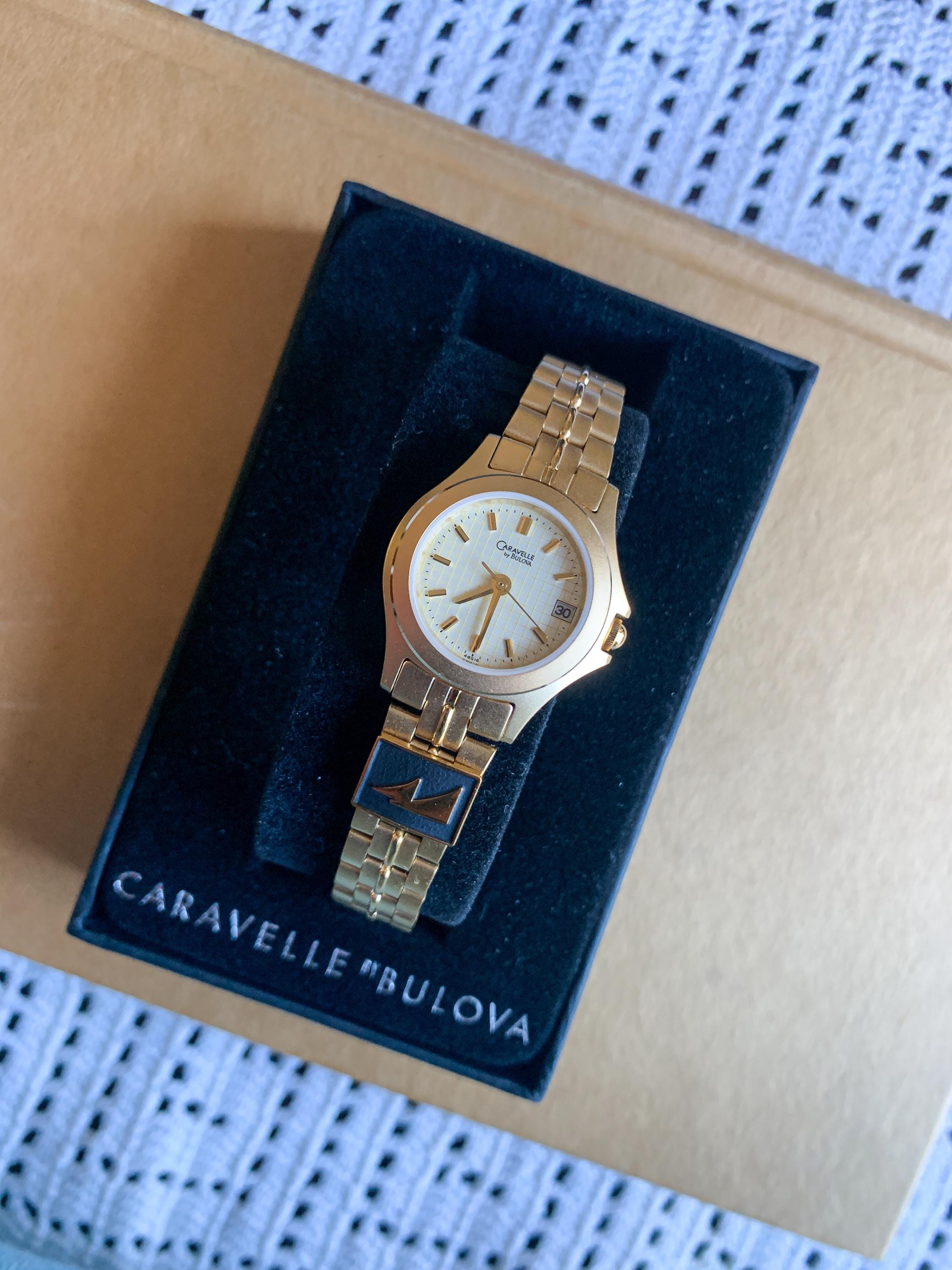 Caravelle New York Blue Gold Tone 20mm Petite Watch Cuff Working New in Box This gorgeous elegant vintage Caravelle by Bulova watch  main image 3