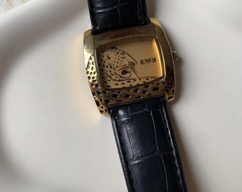 Leopard Gold Tone Effy NY Ladies Tank Watch w/ Black Leather Band! MINT CONDITION! New Battery!