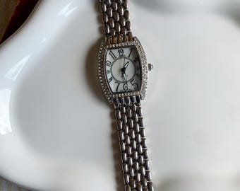 Rhinestone Watch Women Silver Tone Mother of Pearl Dial Leather Band New Battery Vintage Pearl Face Leather Watch - Etsy main image 3