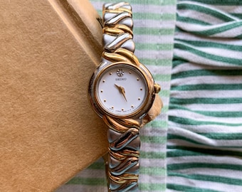 Vintage Seiko Ladies Quartz Watch – Two Tone Silver & Gold with Diamond on Dial – New Battery – Excellent Working Condition