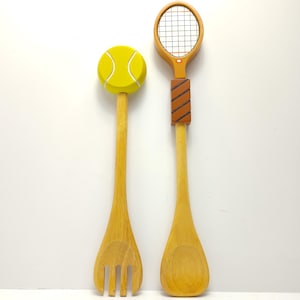 Hand Painted Wood Tennis Salad Utensils 11&quot; inch each - 2-piece set