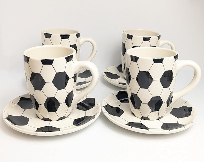 Soccer Mug Set: Trendy Coffee Mugs with Plates, Set of 4
